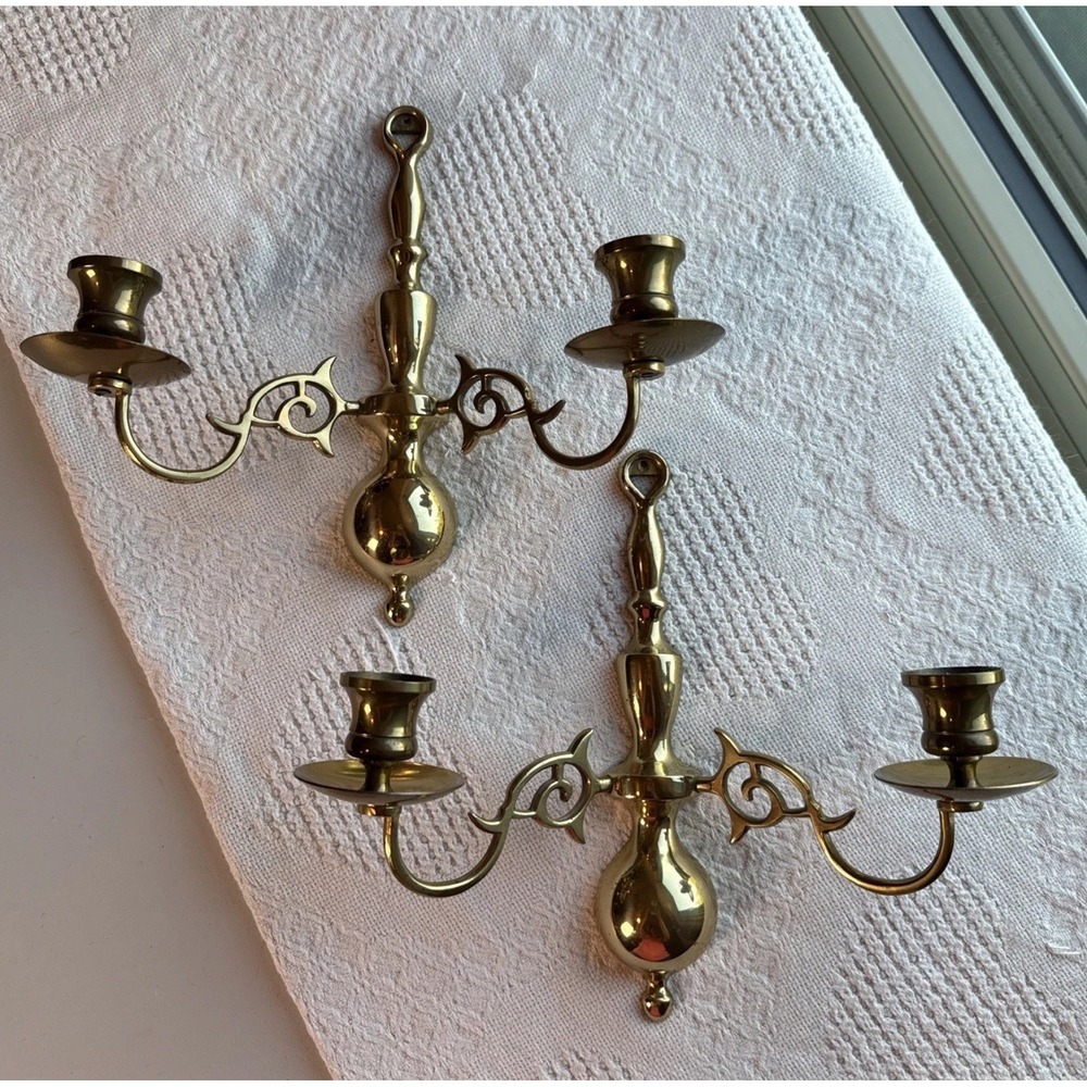 VTG Brass 2-Arm Wall Sconce Candle Holders Polished Gold Baroque Scroll Set of 2